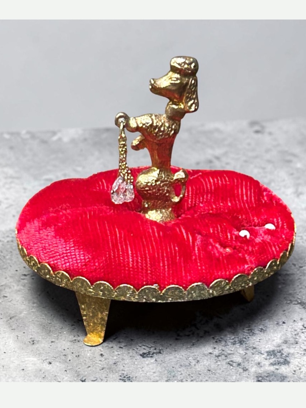Vintage 50’s/60’s Red Velvet Poodle Jewelry Pin Cushion with Crystal  Accents